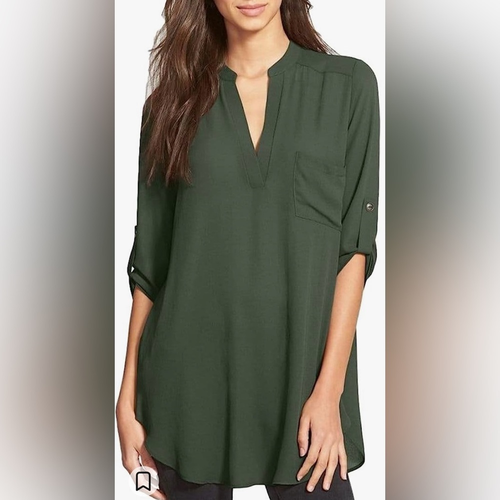 Lush Women's Roll Tab Sleeve Tunic Top Green Size L